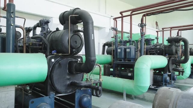 Industrial Chiller Compressor Unit with Green Insulated Pipes in Mechanical Room