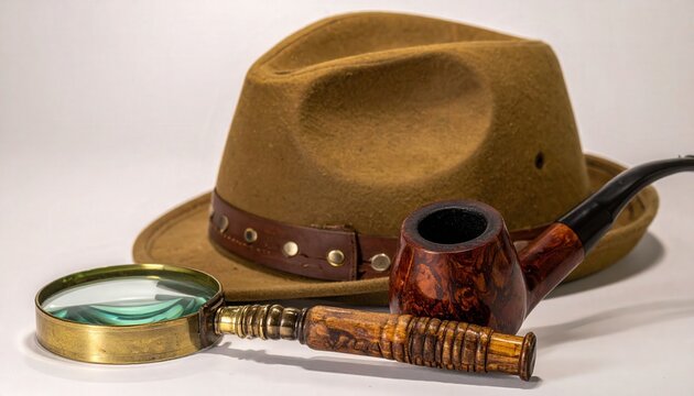 Magnifying Glass with Tobacco Pipe and Deerstalker Hat Closeup