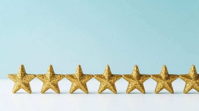 Seven gold glitter stars stand in row on white surface against light blue background. Five star rating concept for best quality service, premium product, excellence, successful customer review.