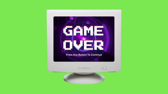 A vintage computer monitor displays a vibrant 'GAME OVER' message in pixelated typography, capturing the essence of classic arcade gaming nostalgia on a striking green background