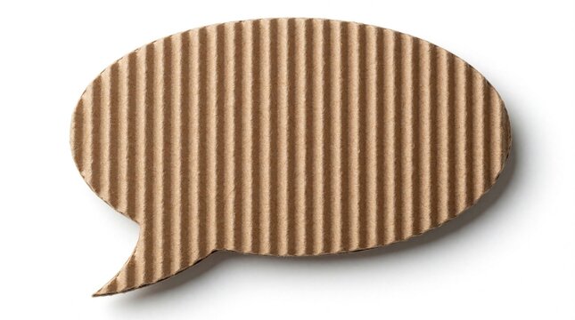 Oval kraft paper speech bubble with corrugated texture. Brown cardboard cutout shape for messaging dialogue. Isolated on white background. Eco friendly material element for communication design,