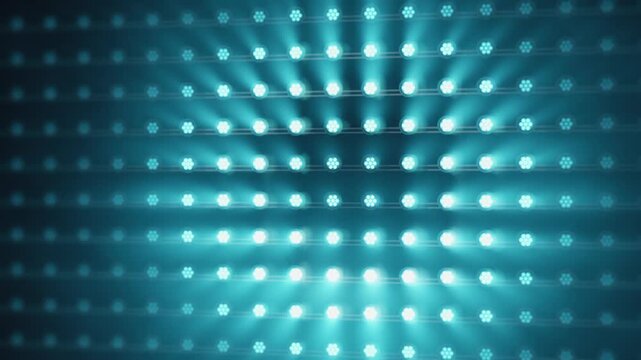 Centered wide view of a wall of LED stage lights on truss as cyan rings ripple out from the center, beams converging through haze with bloom. Realistic concert background. Seamless 4K loop.