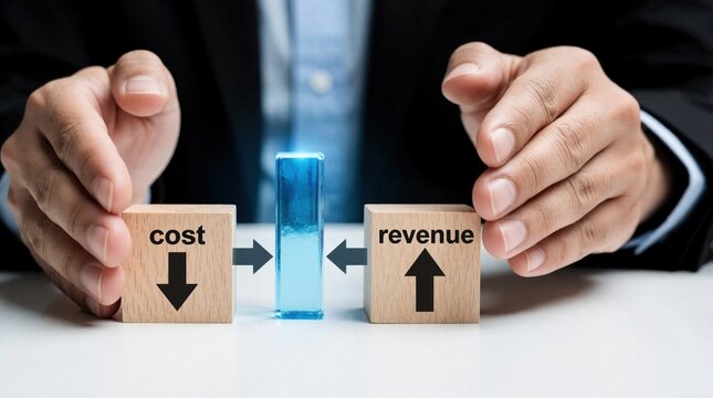 Businessman holds wooden blocks with cost, revenue text. Man moves cost down, revenue up to increase profit. Concept of financial management, business strategy, economic growth through careful budget
