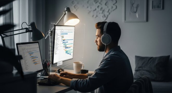 Man coding on computer at night wearing headphones focused on programming software development remote work dark office