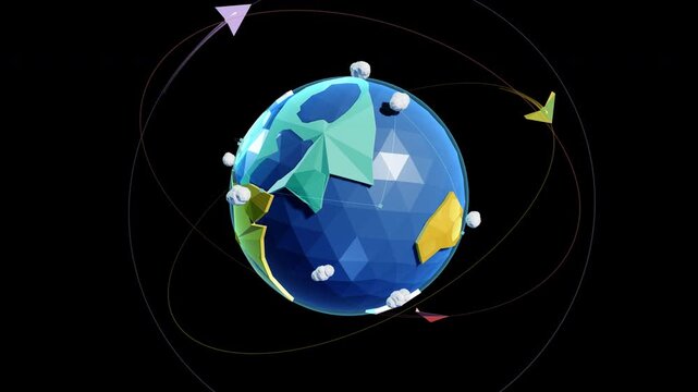 Paper airplane orbiting a spinning low poly earth globe 3d animation 4K Alpha Channel