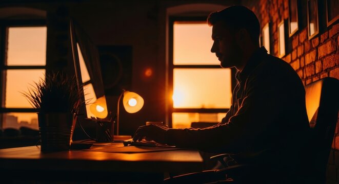 Man working on computer at desk during sunset in modern office with warm lighting