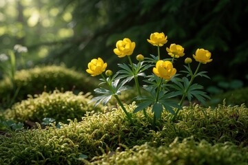 Obraz premium Bright yellow buttercup flowers grow in green mossy forest. Small wild blossoms bloom under soft sunlight in spring woods. Beautiful nature scene with fresh spring plants, vegetation in woodland