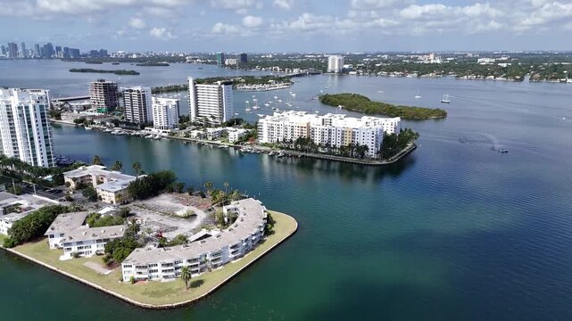 Aerial Drone Sweep Over Miami Bayfront Peninsula, Condos and Mangrove Islands, HD