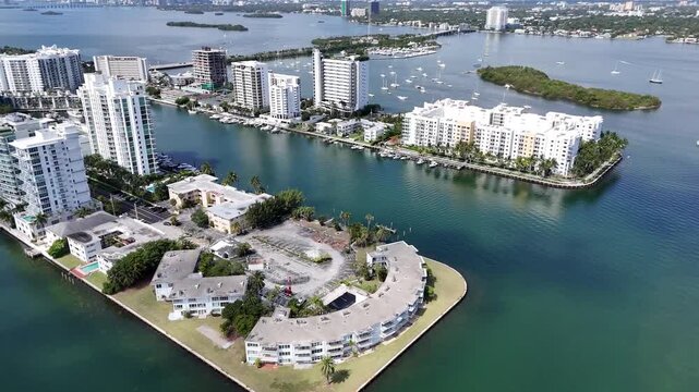Aerial Drone View of Miami Bayfront Condo Towers, Sailboats and Mangrove Island, HD