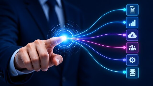 Corporate executive pressing glowing interactive digital interface activating secure cybersecurity network protocols and centralized business data management.