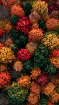 a dense forest displays a kaleidoscope of autumnal trees. The trees are densely packed together, displaying a range of colors deep reds, oranges, yellows, and greens.