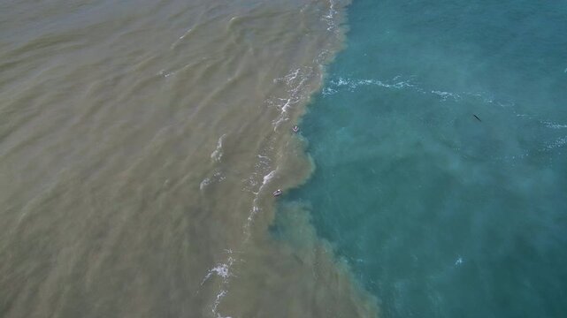 Pelican flying over sea water color divide at Miramar Beach breakwater during daytime drone pov aerial tracking shot showing freshwater meeting saltwater in Gulf of Mexico Ciudad Madero Tamaulipas