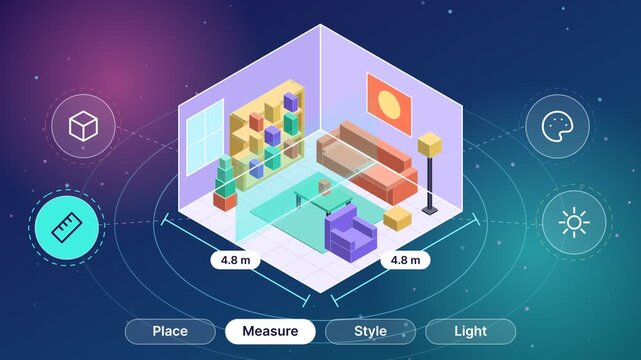 Isometric 3D Interior Design App Interface Showing Furniture Placement and Room Customization, Animated Motion Graphic