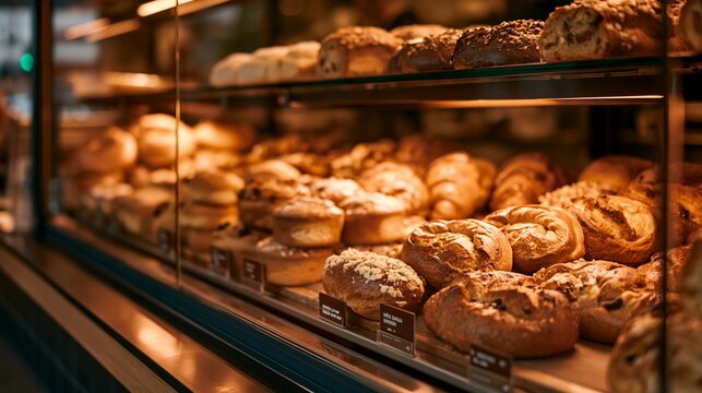 a bakery display case filled with various baked goods. The focus is on a variety of breads and pastries, each with a distinct texture and color. The baked goods are arranged neatly on a glass shelf.