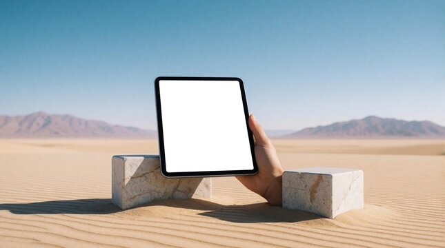 Person holds blank digital tablet in vast desert landscape. Hand supports device between two white stone blocks on sand dunes. Clear blue sky, distant mountains background. Minimalist mockup for