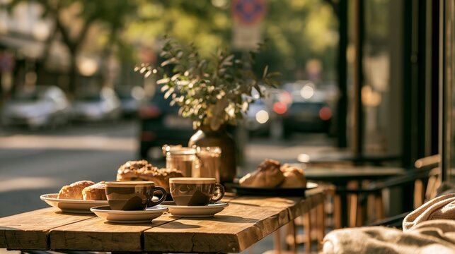 a cozy cafe setting. The main subject is a wooden table with two cups of coffee, a plate of pastries, and a jar of jam, all arranged neatly on it.