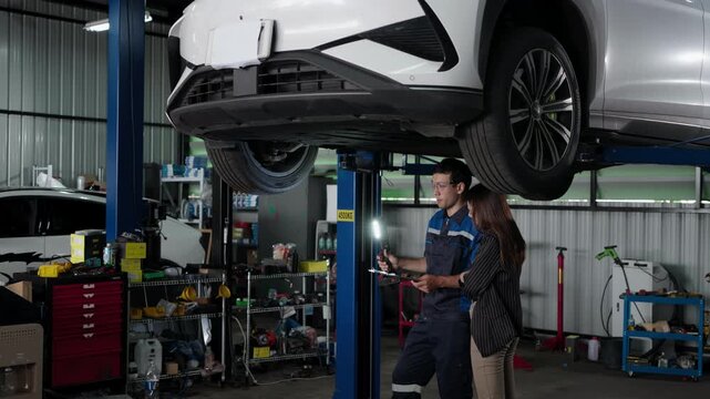 Lowering his work light, the mechanic shows the customer the inspection clipboard under the lifted electric car