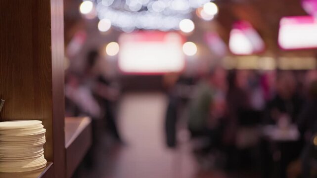 Stack of clean plates in foreground with blurred restaurant event hall and glowing lights