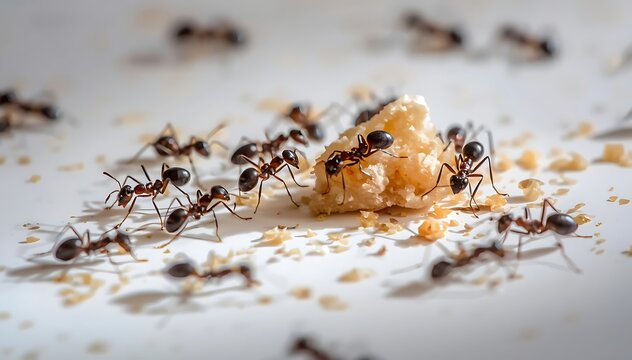 Ants carrying food in teamwork on light surface with natural debris