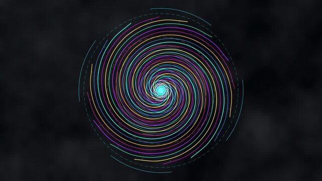 Abstract motion graphic loop featuring colorful glowing spiral tunnel element with particle texture and futuristic pattern