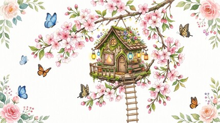Obraz premium 3D Image Whimsical Fairy Treehouse Surrounded by Blossoming Flowers Butterflies and Enchanted Garden Elements for Magical Designs.