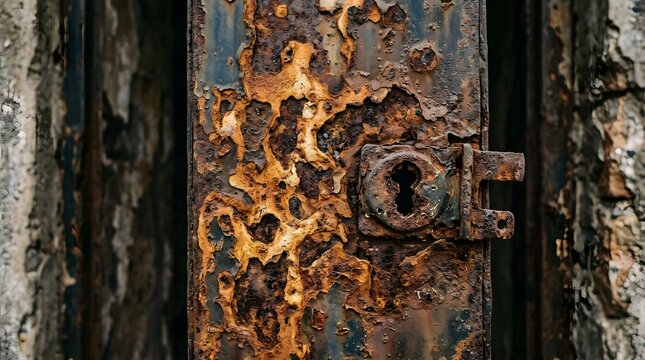 Close-up of heavily rusted metal door with old keyhole and latch.
