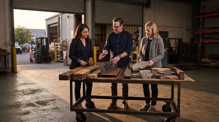 Fototapeta premium Design team approves reclaimed materials at loading bay