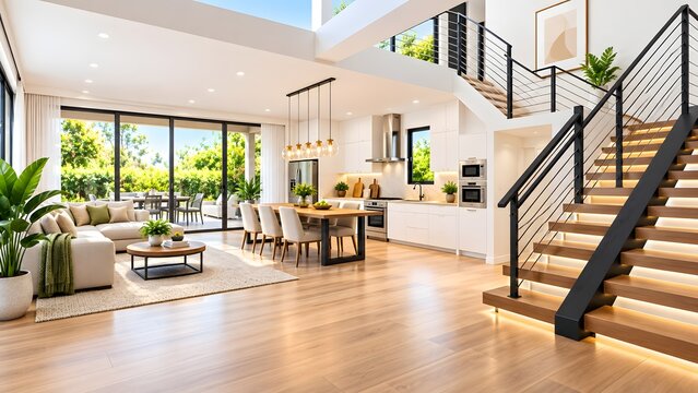 Modern open concept living room with dining area and wooden staircase. Suitable for real estate marketing and contemporary interior design background.
