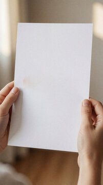 Person hands hold blank white paper card. Close up of human hands gripping empty sheet for text message. Minimalist mockup for mental health awareness campaign psychology quote. Copy space for