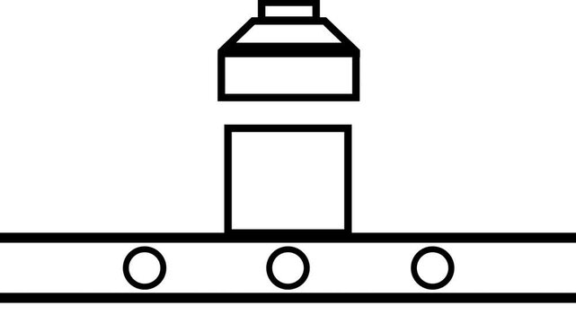 Animated illustration of a box on a conveyor belt being stamped or processed by a machine above it. Black outline on white background.