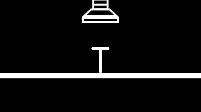 Animated illustration of a hydraulic press or machine stamping a nail into a surface. White outline on black background.