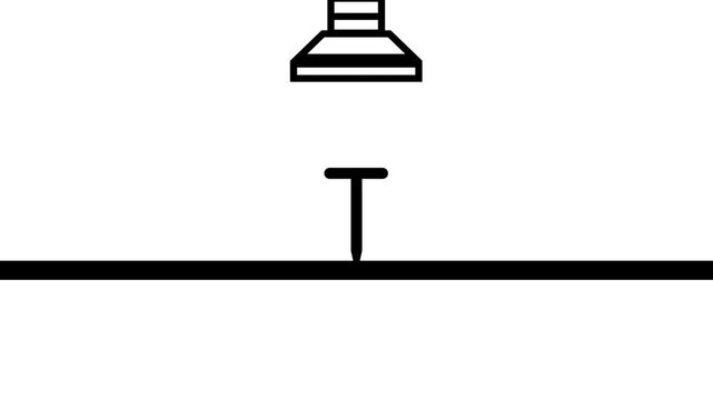 Animated illustration of a hydraulic press or machine stamping a nail into a surface. Black outline on white background.
