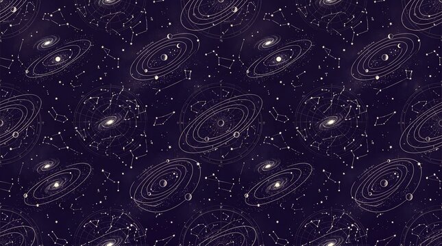 Galaxy seamless pattern with celestial constellations and planets