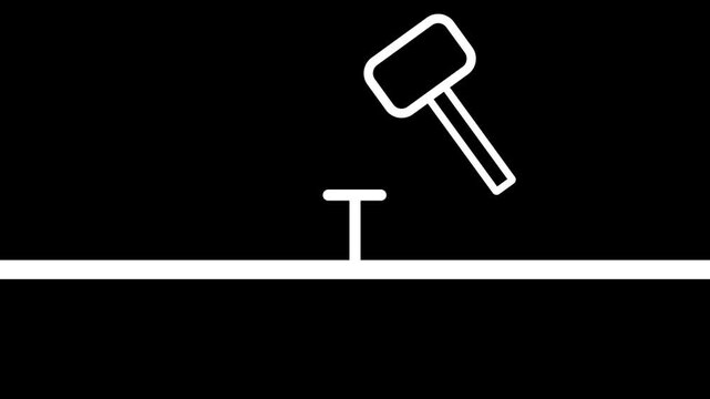Animated illustration of a hammer hitting a nail into a flat surface. White outline on black background.