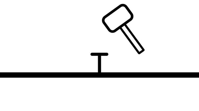 Animated illustration of a hammer hitting a nail into a flat surface. Black outline on white background.