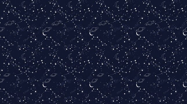 Blue galaxy seamless pattern with hand drawn stars and planets