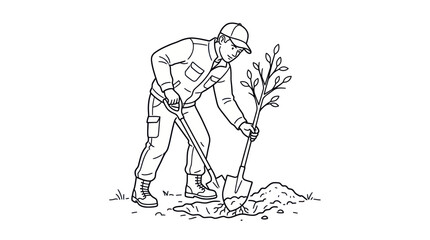 Fototapeta premium Gardener planting tree with shovel.