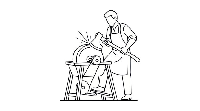 Line art of man sharpening axe on grindstone.