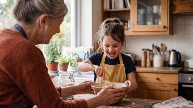 A grandmother and her granddaughter mix dough together in a cozy kitchen. Family traditions and recipes passed down the generations for home baking themes.