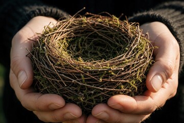 Obraz premium Close up of human hands holding small empty bird nest made of twigs, moss. Fragile natural home for avian creatures sits in palms. Concept of nature protection, wildlife conservation, environmental