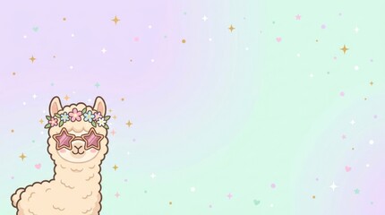 Obraz premium Cute cartoon llama wearing star shaped glasses and a flower crown on a pastel gradient background with sparkling stars and dots for kids party invitations or nursery decor