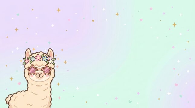 Cute cartoon llama wearing star shaped glasses and a flower crown on a pastel gradient background with sparkling stars and dots for kids party invitations or nursery decor