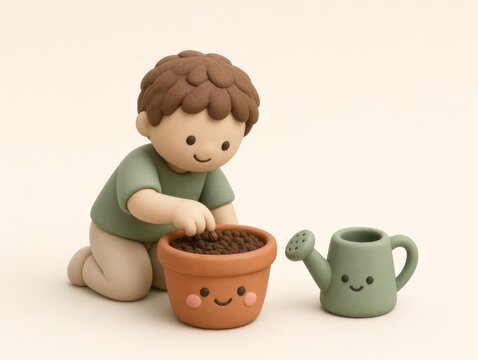 Cute clay boy planting a seed in a pot beside a smiling watering can, concept of gardening, nurturing and teaching children responsibility