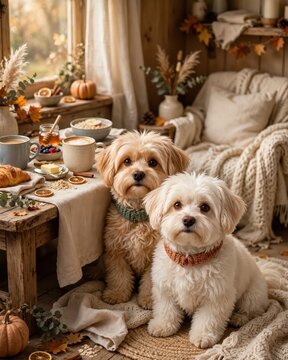 Cozy Autumn Morning. Two adorable fluffy dogs sitting at a rustic wooden table for a warm breakfast, seasonal harvest home interior, lifestyle imagery for seasonal cozy living.