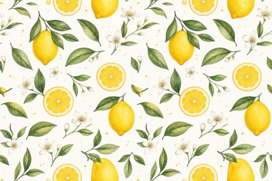 Watercolor lemon pattern with citrus fruit, green leaves, and blossoms for summer textile prints, stationery, and kitchen decor wallpaper backgrounds