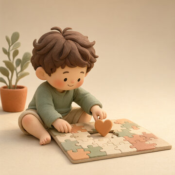Cute clay boy placing heart shaped piece into jigsaw puzzle, concept of problem solving, patience and early childhood development