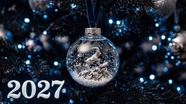 Clear glass Christmas ornament containing a silver mountain goat figurine, hanging on a dark pine tree with blue bokeh lights, celebrating the arrival of the year 2027