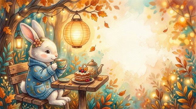 Cute white bunny rabbit wearing a blue sweater drinking tea with berry cake in an autumn forest, cozy seasonal background for fall greeting cards