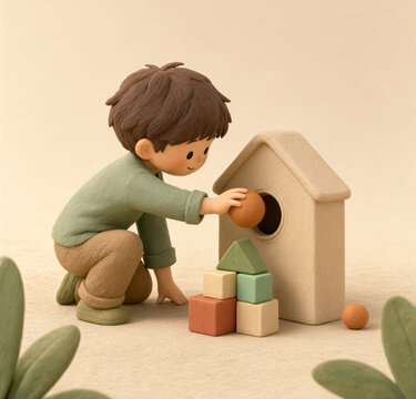 Cute clay boy putting ball into house shaped shape sorter toy with wooden blocks, concept of shape recognition and early childhood learning
