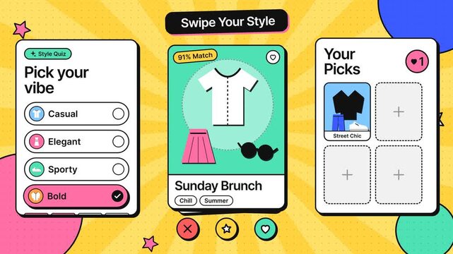 Animated fashion style app interface showing a user swiping through outfit cards and selecting clothing vibes on a colorful background